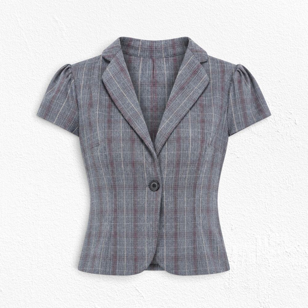 Y2K Gray Red Plaid Puff Sleeve Cropped Fitted Blazer Made USA Size Small